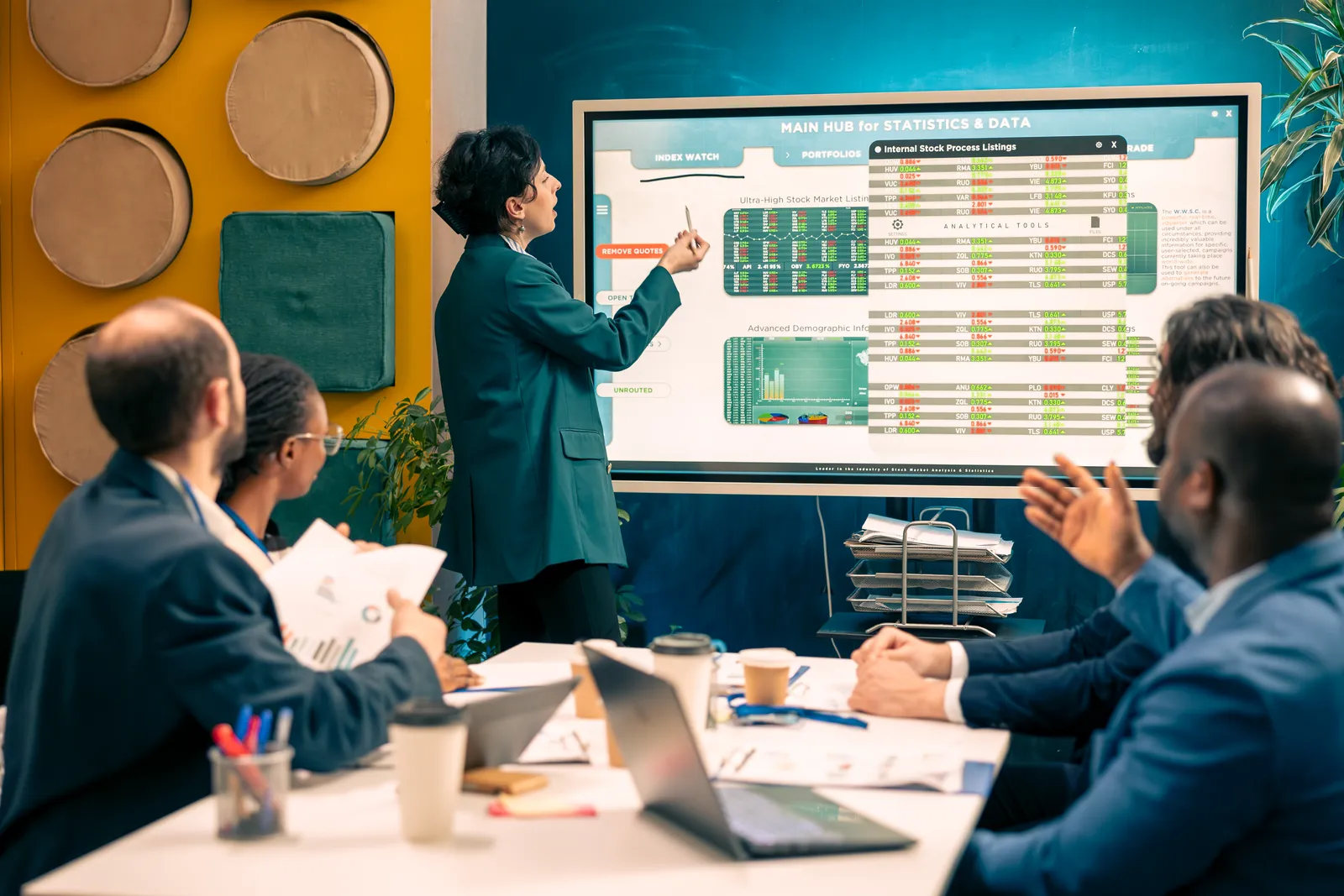 Business partners reviewing reports in a modern office.