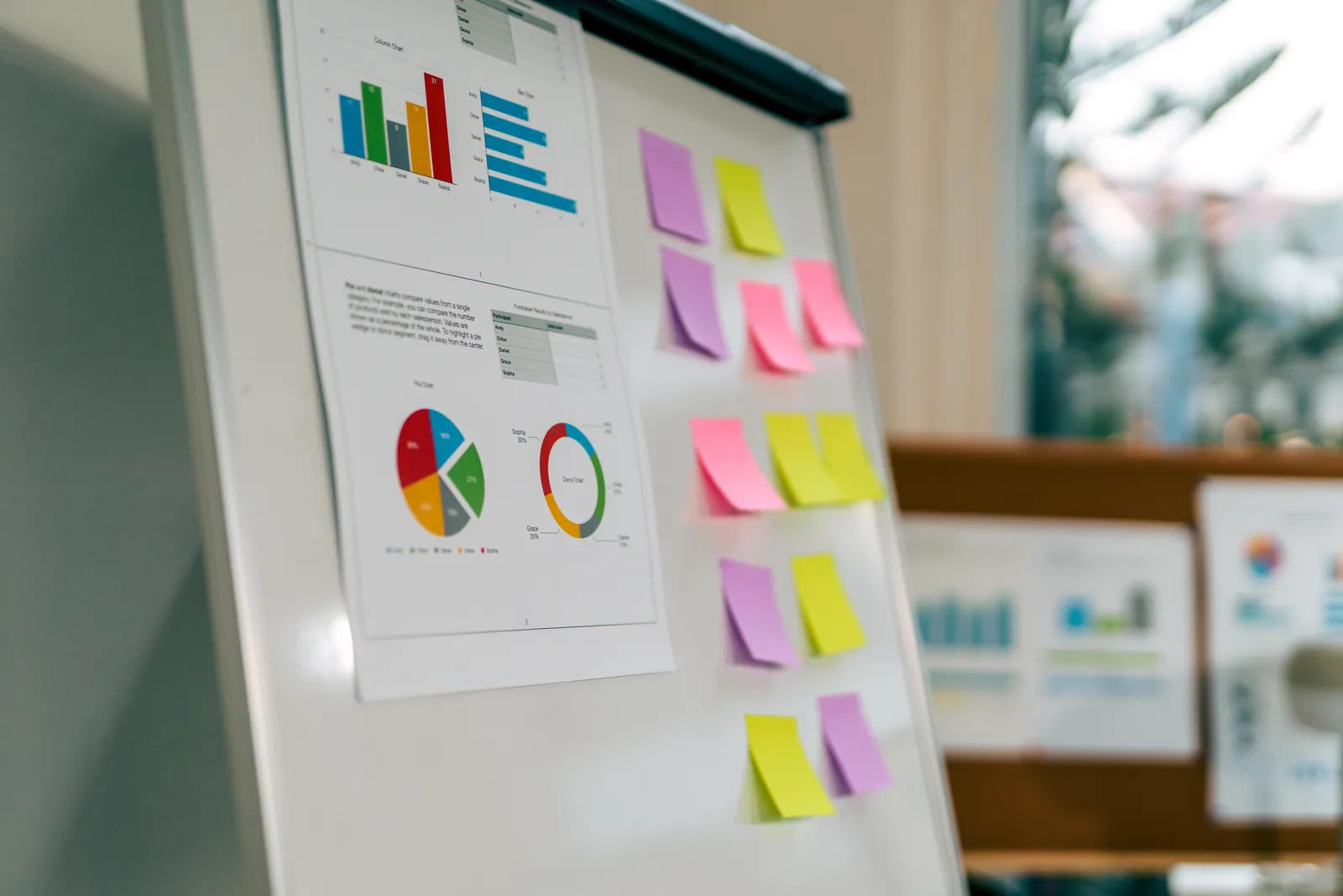 Growth charts and sticky notes on an office whiteboard.