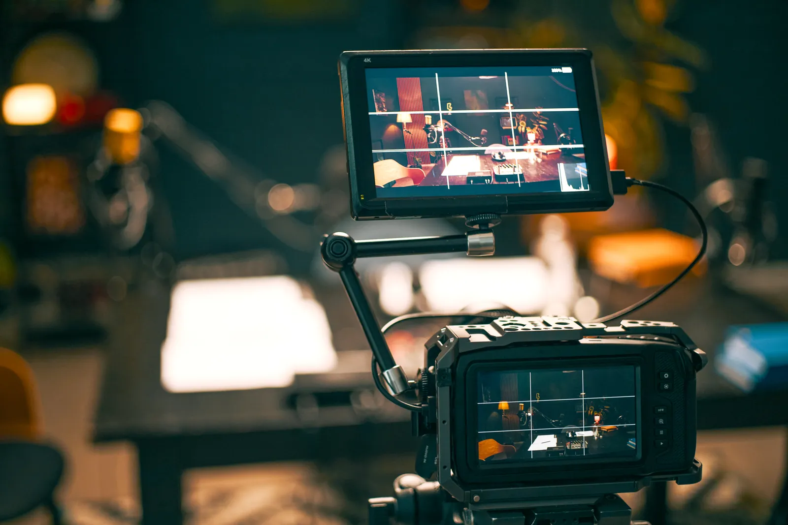 A professional camera set up for recording podcast content.