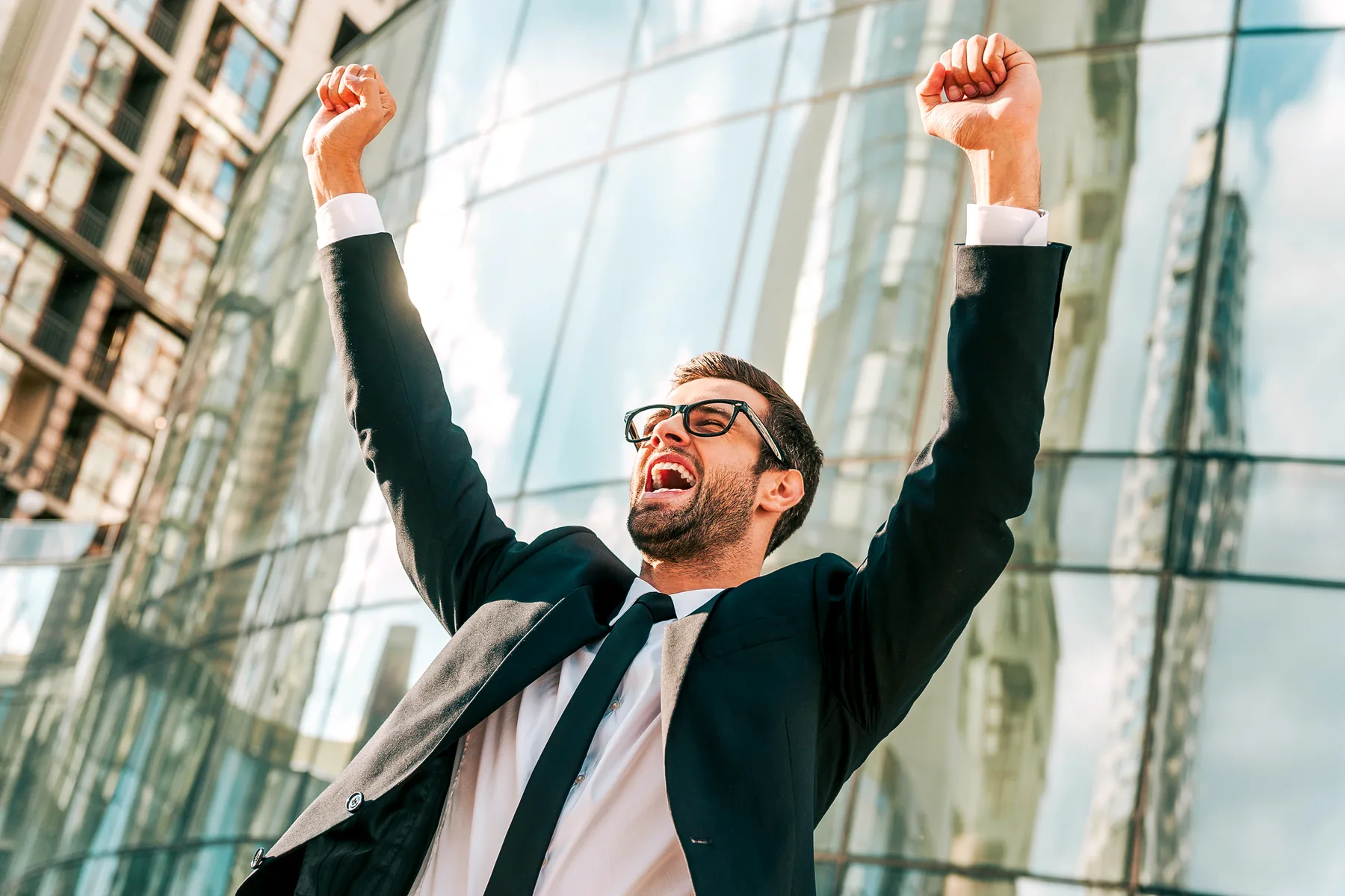 Business leader walking up growth steps.